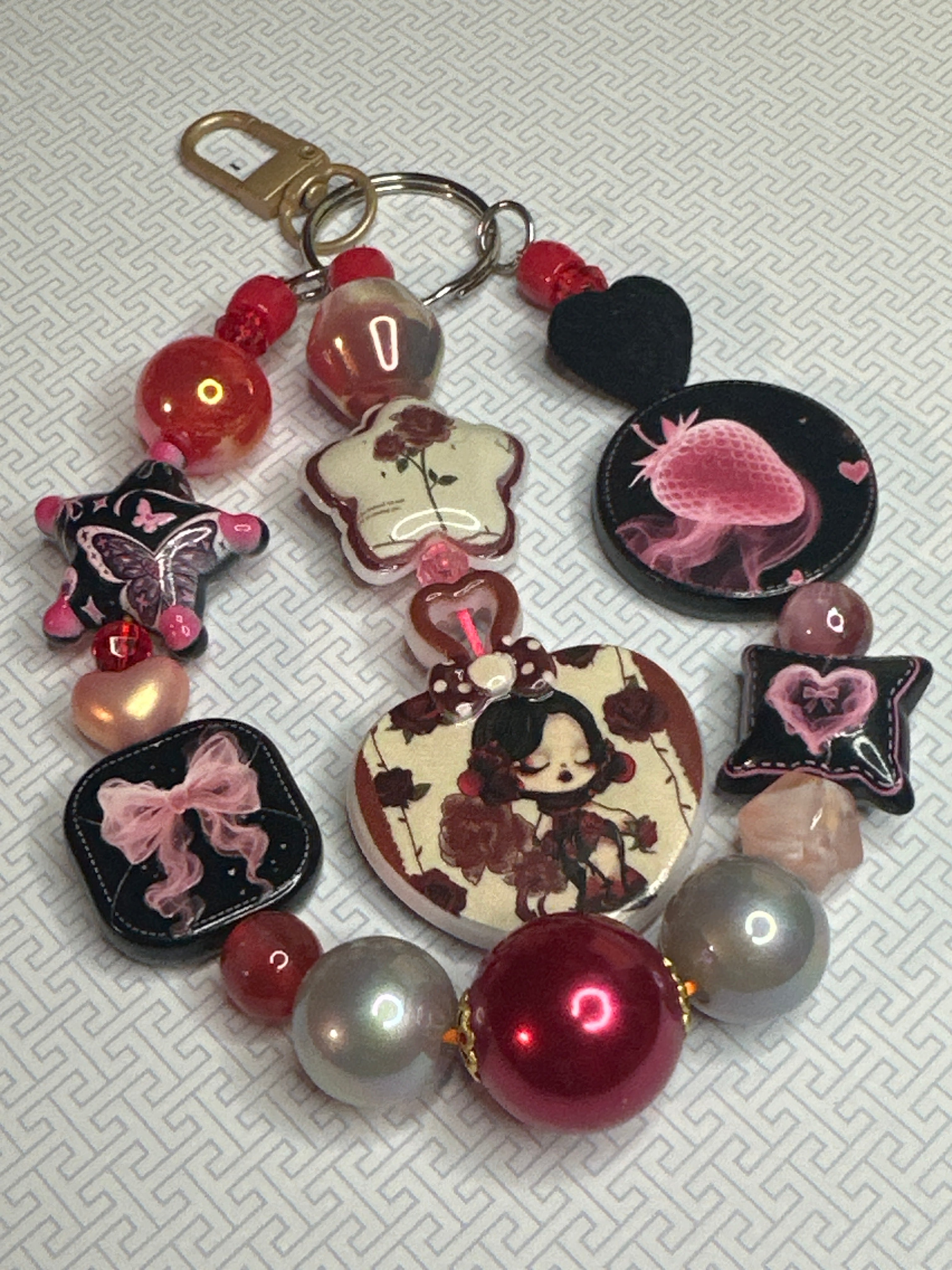 K097 Dark Romance Beaded Keychain – Coquette Grunge Bag Charm with Heart & Strawberry Details