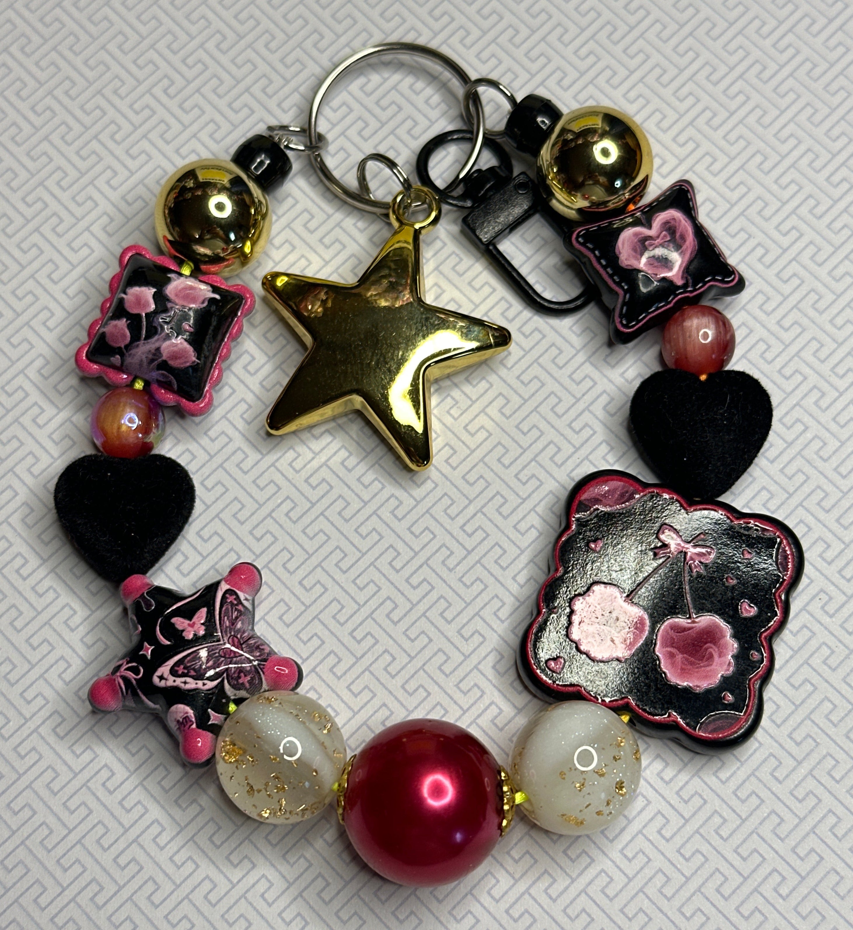K178 Midnight Cherry Bomb Chunky Goth-Kawaii Charm Wristlet / Keychain